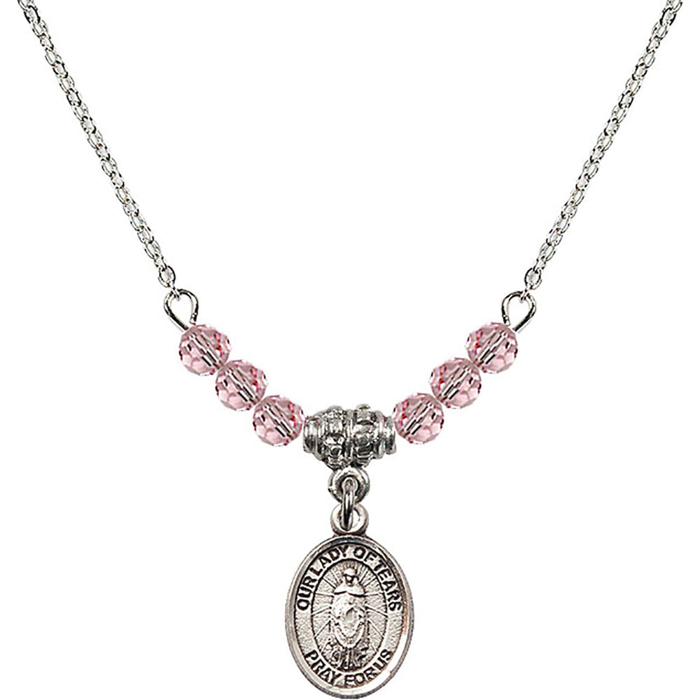 Sterling Silver Our Lady of Tears Birthstone Necklace with Light Rose Beads - 9346
