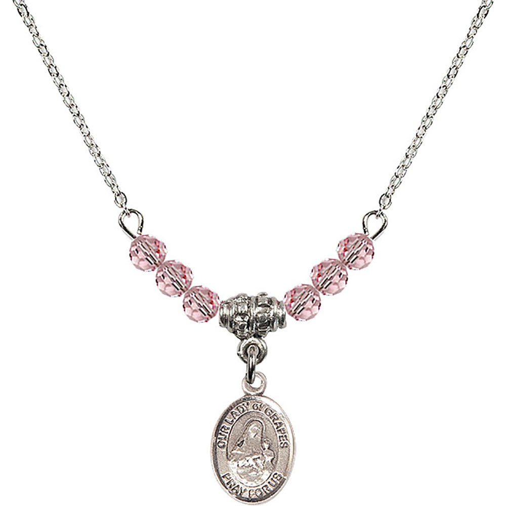 Sterling Silver Our Lady of Grapes Birthstone Necklace with Light Rose Beads - 9347
