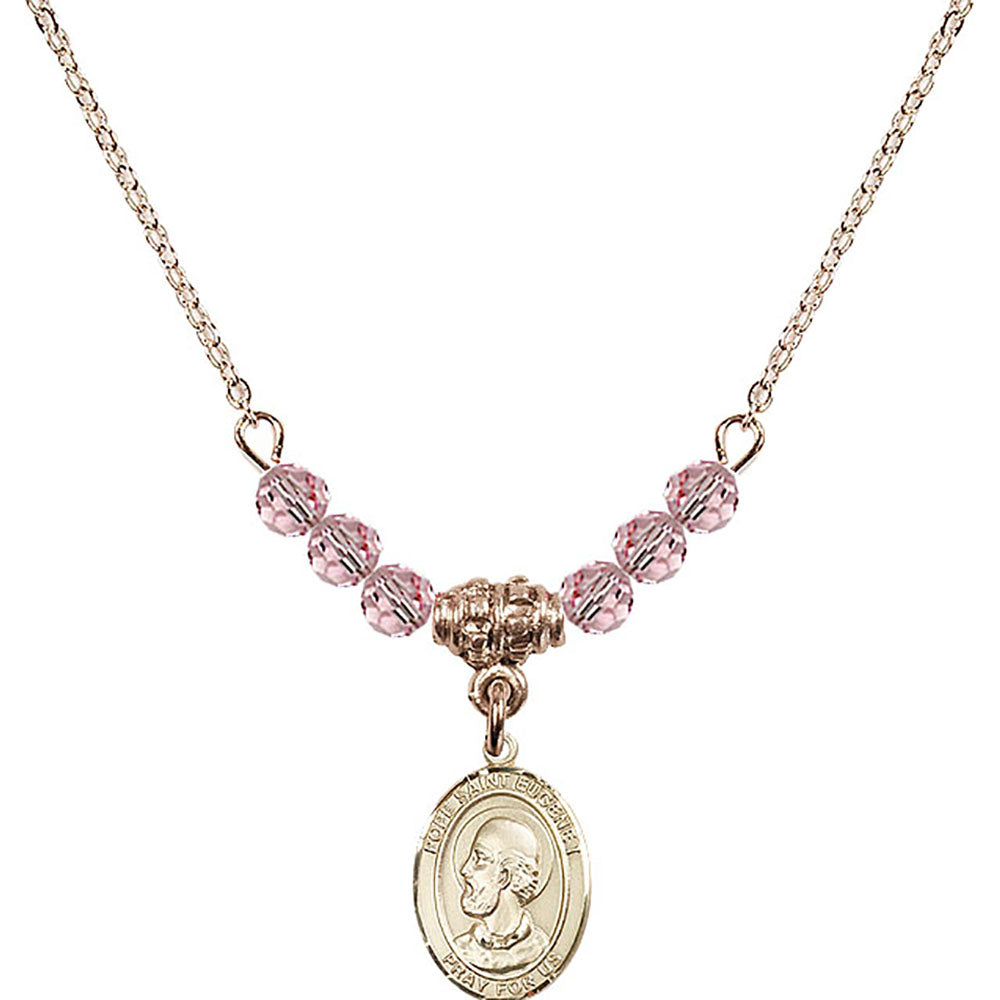 14kt Gold Filled Pope Saint Eugene I Birthstone Necklace with Light Rose Beads - 9352