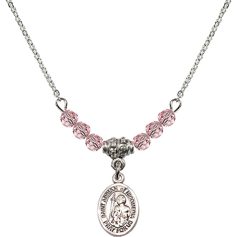 Sterling Silver Saint Adrian of Nicomedia Birthstone Necklace with Light Rose Beads - 9353