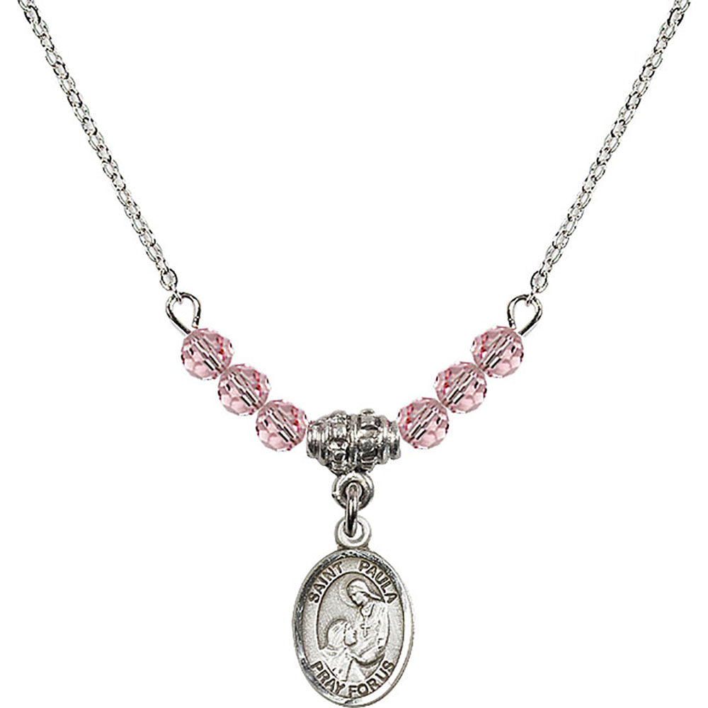 Sterling Silver Saint Paula Birthstone Necklace with Light Rose Beads - 9359