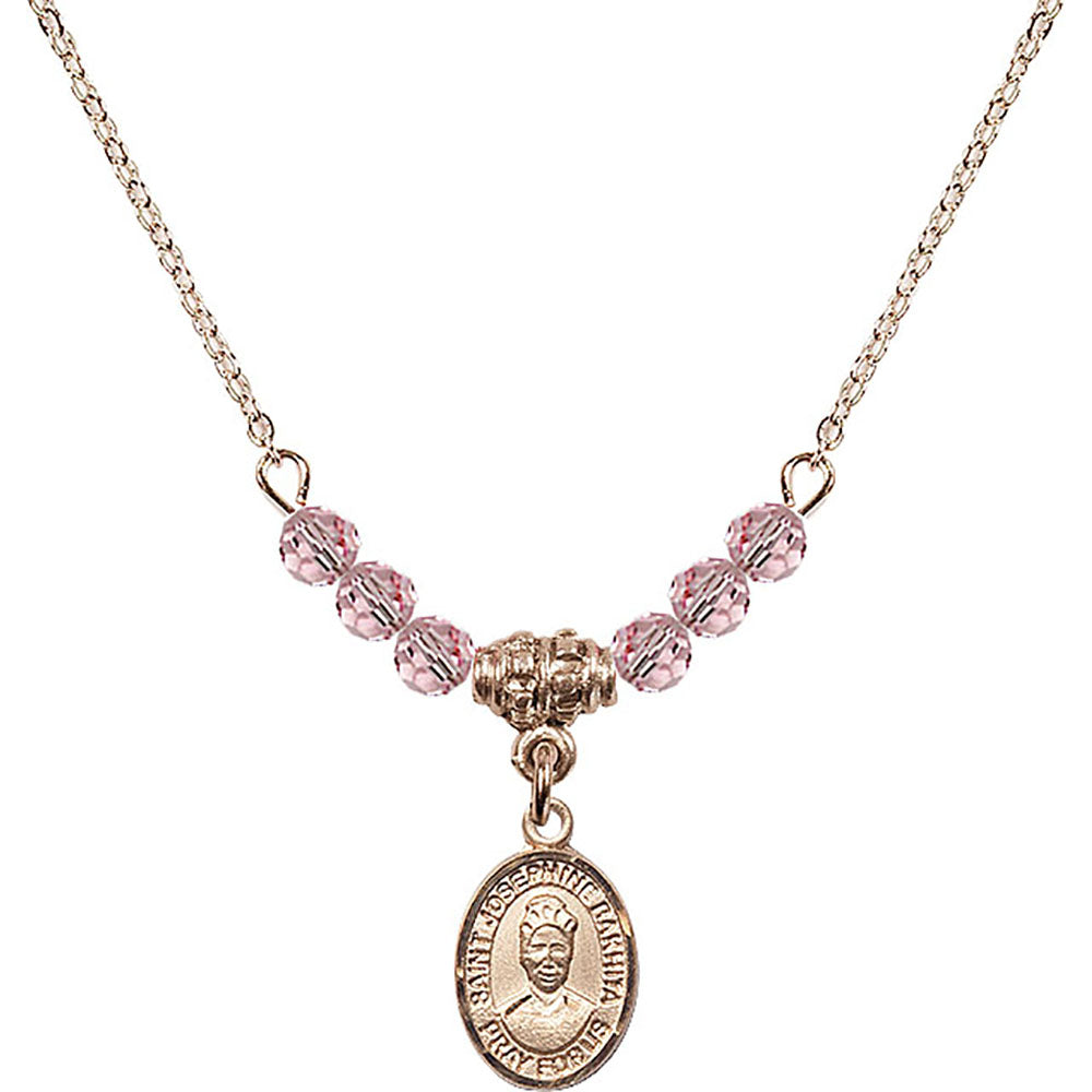 14kt Gold Filled Saint Josephine Bakhita Birthstone Necklace with Light Rose Beads - 9360