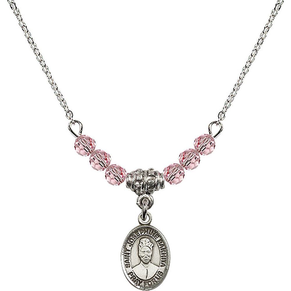 Sterling Silver Saint Josephine Bakhita Birthstone Necklace with Light Rose Beads - 9360
