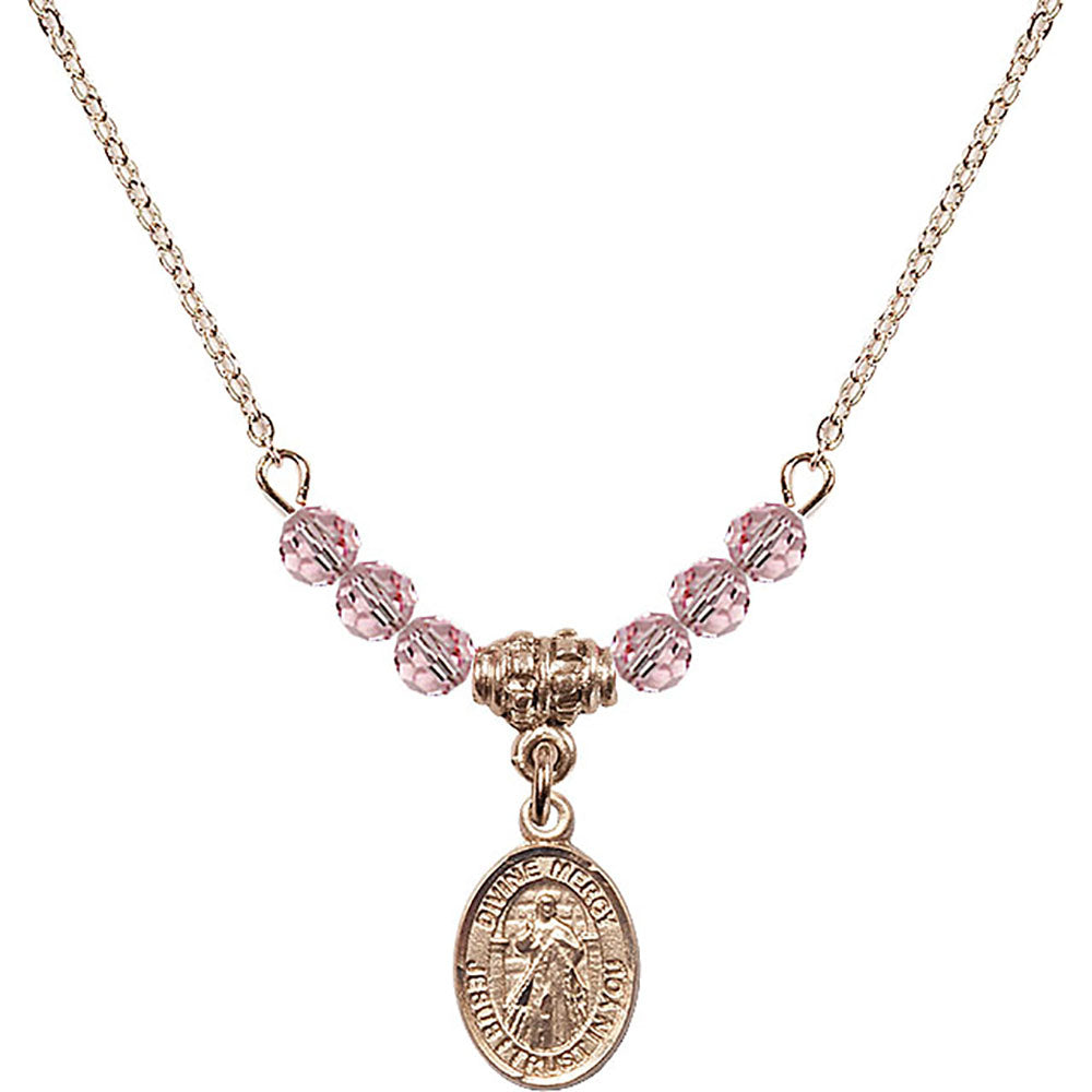 14kt Gold Filled Divine Mercy Birthstone Necklace with Light Rose Beads - 9366