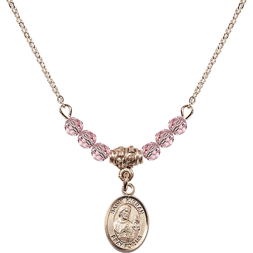 14kt Gold Filled Saint Kieran Birthstone Necklace with Light Rose Beads - 9367
