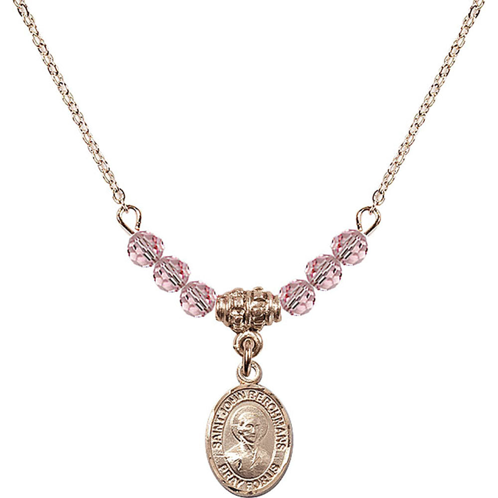 14kt Gold Filled Saint John Berchmans Birthstone Necklace with Light Rose Beads - 9370