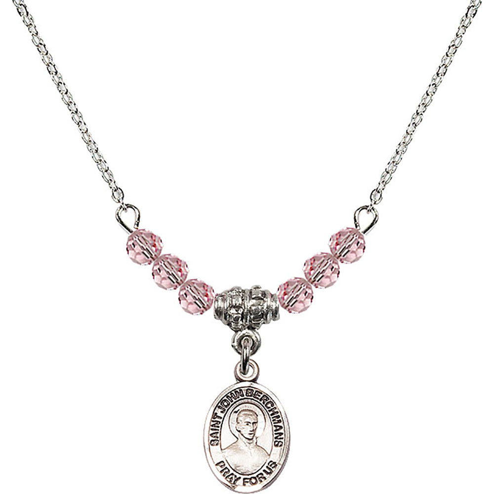 Sterling Silver Saint John Berchmans Birthstone Necklace with Light Rose Beads - 9370