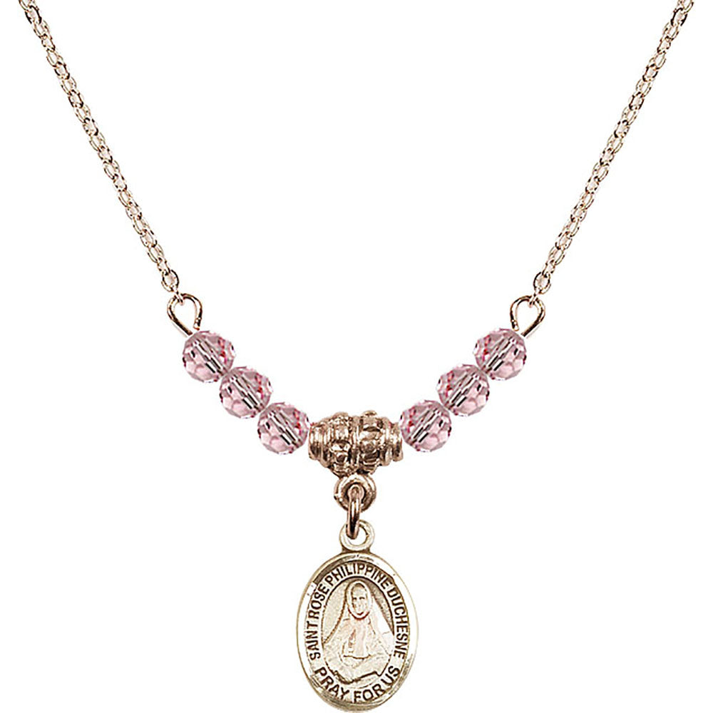 14kt Gold Filled Saint Rose Philippine Duchesne Birthstone Necklace with Light Rose Beads - 9371
