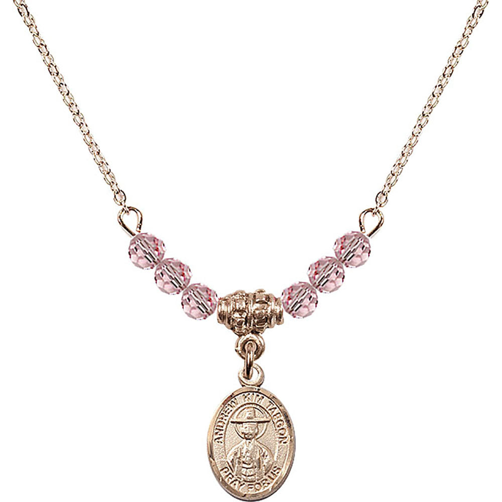 14kt Gold Filled Saint Andrew Kim Taegon Birthstone Necklace with Light Rose Beads - 9373