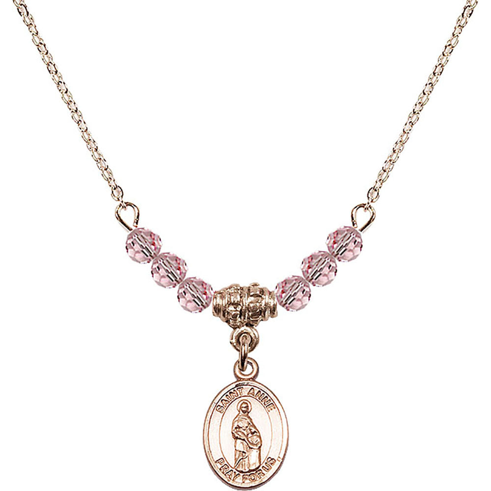 14kt Gold Filled Saint Anne Birthstone Necklace with Light Rose Beads - 9374