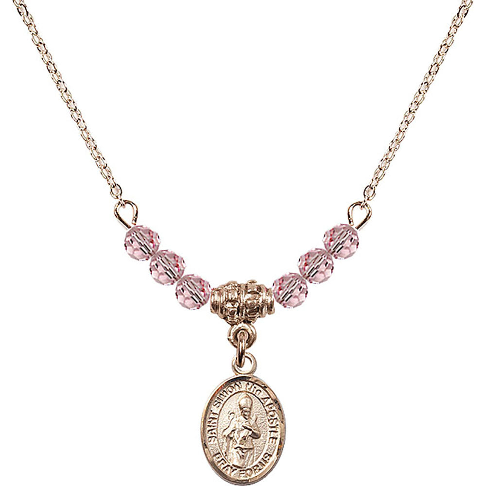 14kt Gold Filled Saint Simon the Apostle Birthstone Necklace with Light Rose Beads - 9375