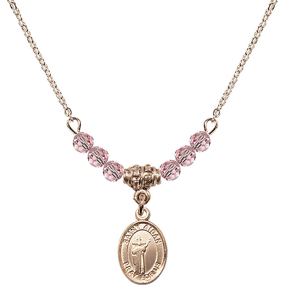14kt Gold Filled Saint Aidan of Lindesfarne Birthstone Necklace with Light Rose Beads - 9381