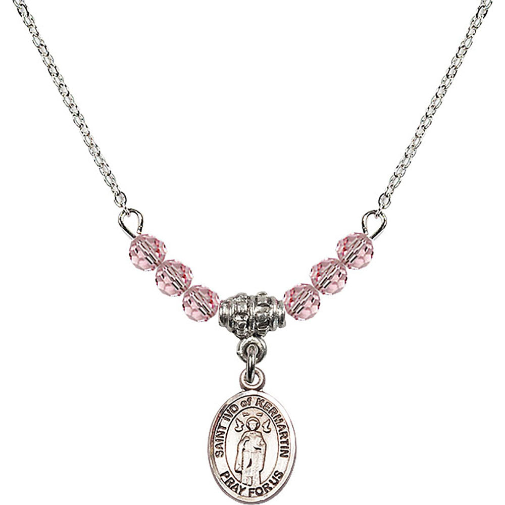 Sterling Silver Saint Ivo of Kelmartin Birthstone Necklace with Light Rose Beads - 9384