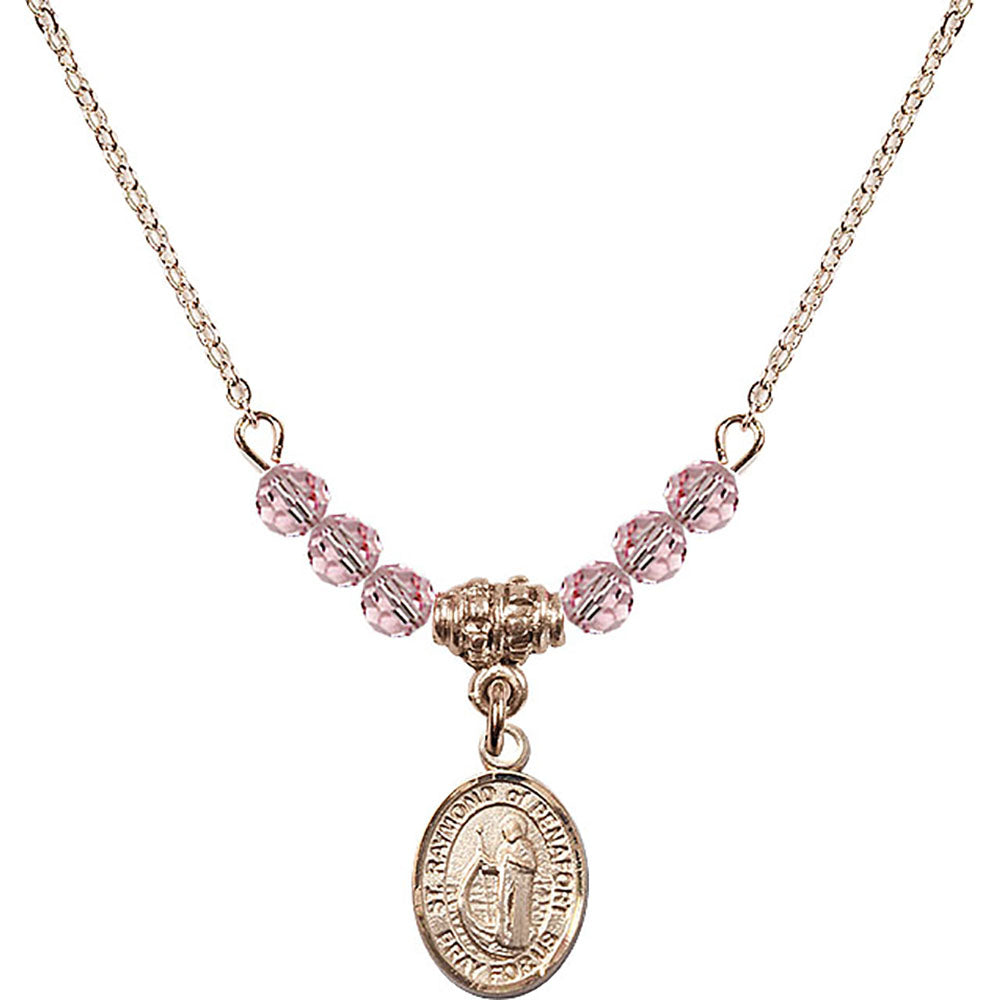14kt Gold Filled Saint Raymond of Penafort Birthstone Necklace with Light Rose Beads - 9385