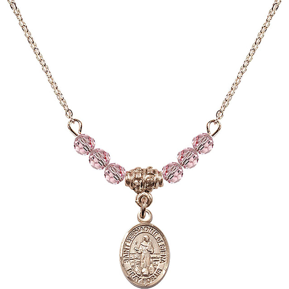 14kt Gold Filled Saint Bernadine of Sienna Birthstone Necklace with Light Rose Beads - 9387