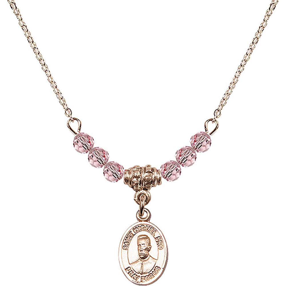 14kt Gold Filled Blessed Miguel Pro Birthstone Necklace with Light Rose Beads - 9389