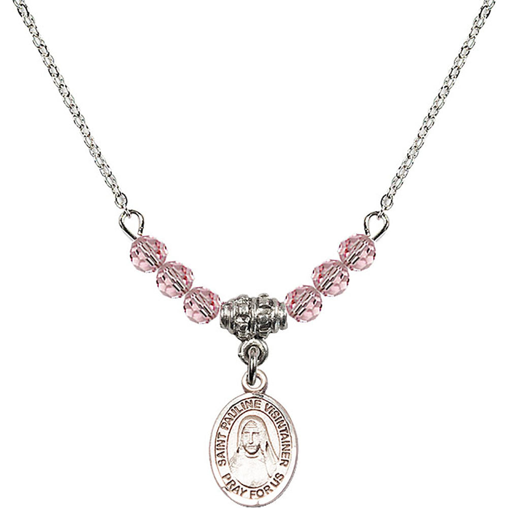 Sterling Silver Saint Pauline Visintainer Birthstone Necklace with Light Rose Beads - 9391