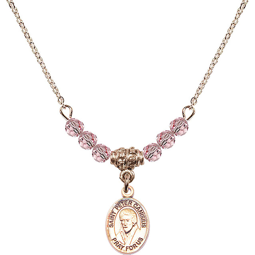 14kt Gold Filled Saint Peter Canisius Birthstone Necklace with Light Rose Beads - 9393
