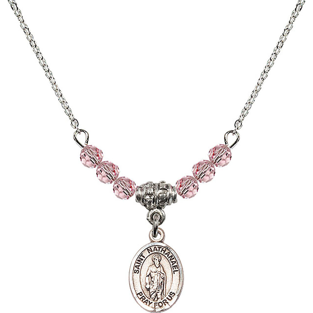 Sterling Silver Saint Nathanael Birthstone Necklace with Light Rose Beads - 9398