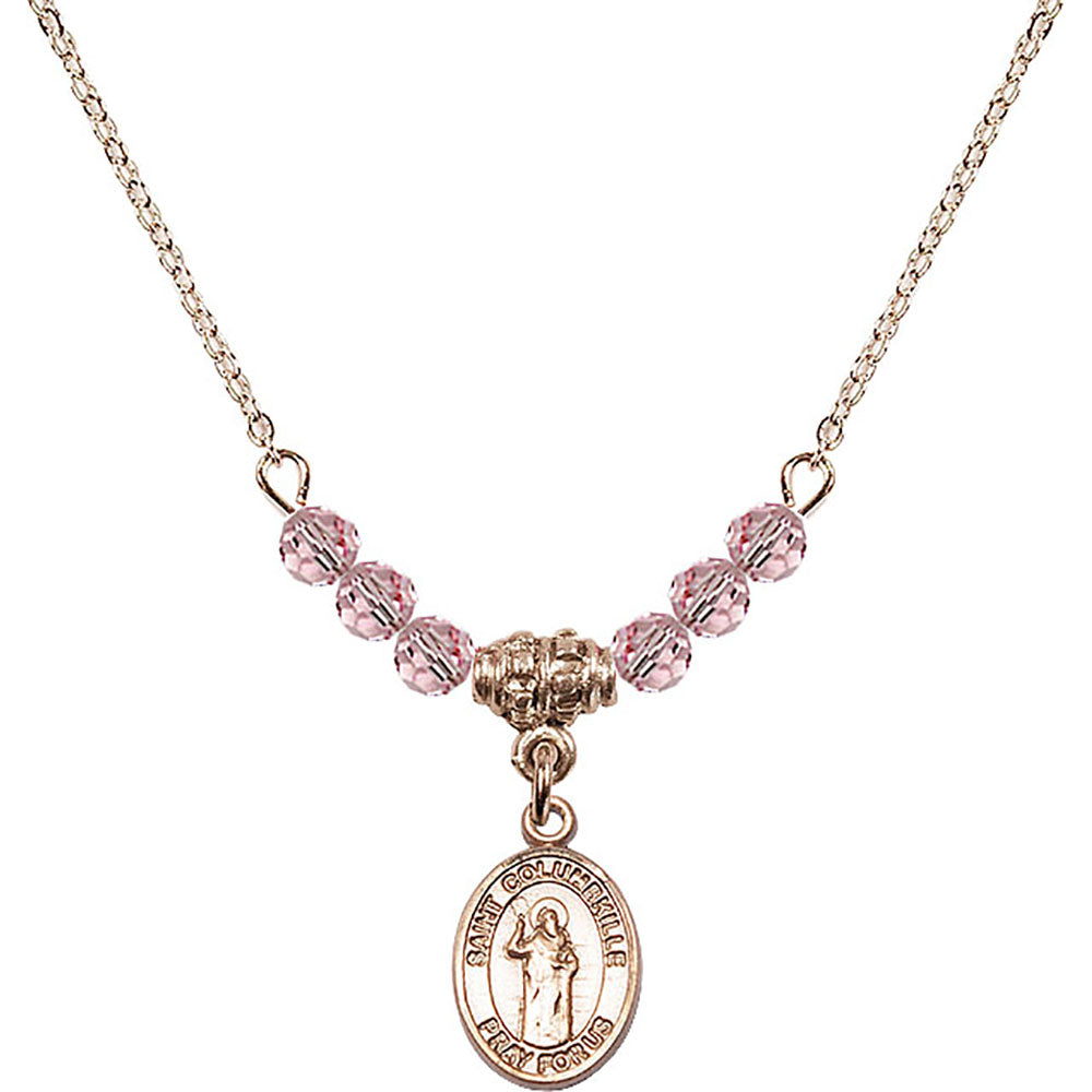 14kt Gold Filled Saint Columbkille Birthstone Necklace with Light Rose Beads - 9399