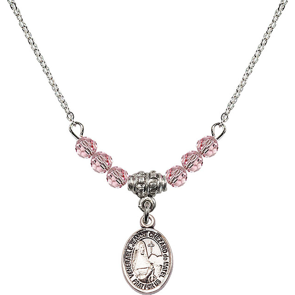 Sterling Silver Saint Jeanne Chezard de Matel Birthstone Necklace with Light Rose Beads - 9401