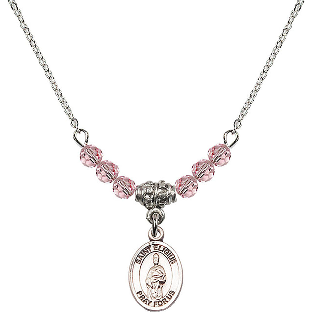 Sterling Silver Saint Eligius Birthstone Necklace with Light Rose Beads - 9402
