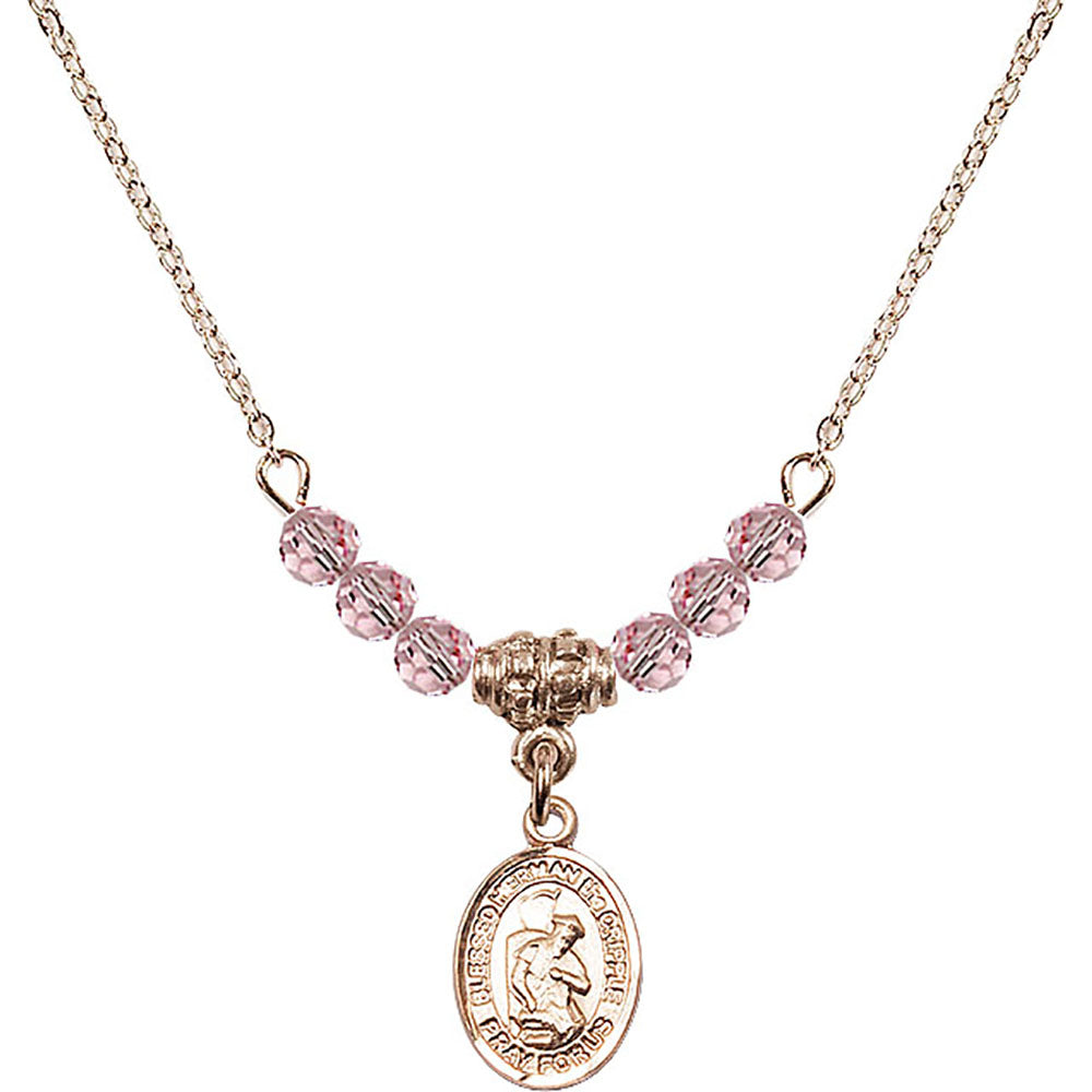 14kt Gold Filled Blessed Herman the Cripple Birthstone Necklace with Light Rose Beads - 9403