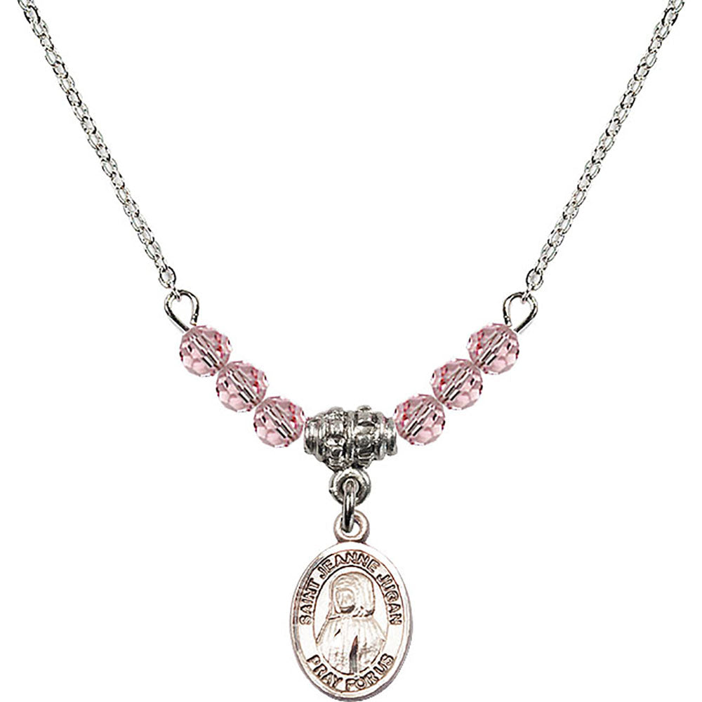 Sterling Silver Saint Jeanne Jugan Birthstone Necklace with Light Rose Beads - 9409