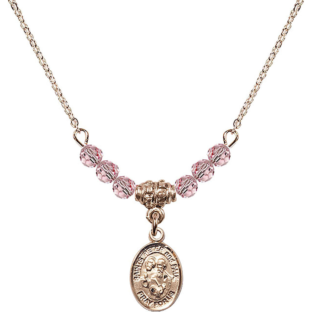 14kt Gold Filled Saints Peter & Paul Birthstone Necklace with Light Rose Beads - 9410