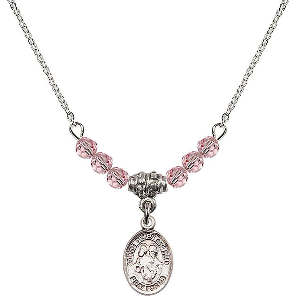 Sterling Silver Saints Peter & Paul Birthstone Necklace with Light Rose Beads - 9410