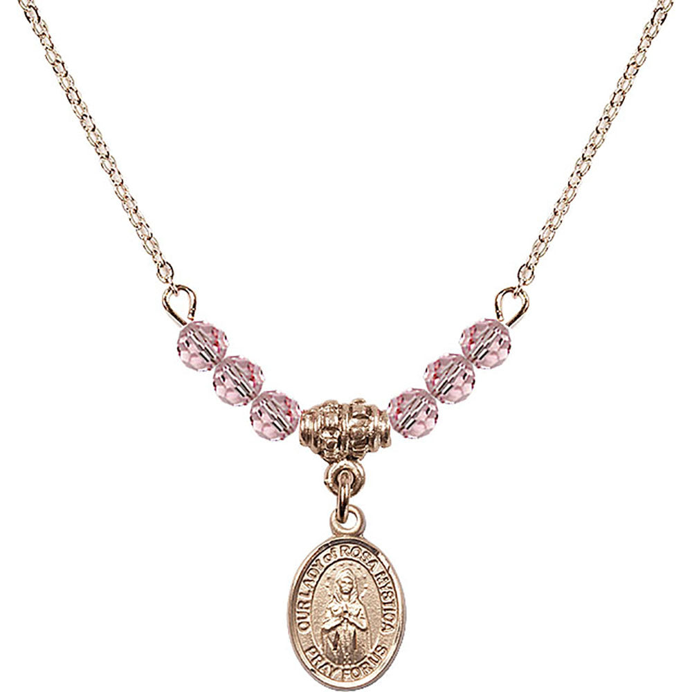14kt Gold Filled Our Lady of Rosa Mystica Birthstone Necklace with Light Rose Beads - 9413