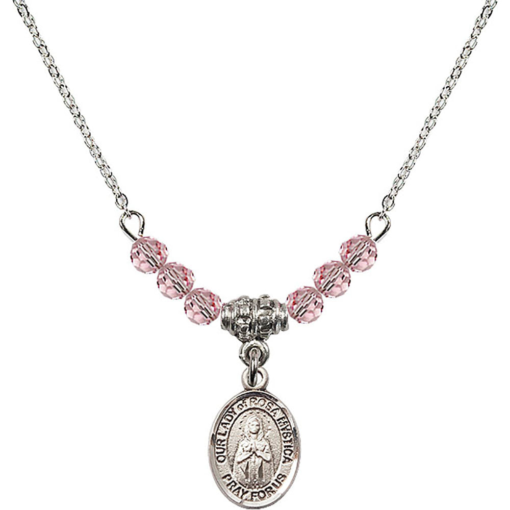 Sterling Silver Our Lady of Rosa Mystica Birthstone Necklace with Light Rose Beads - 9413