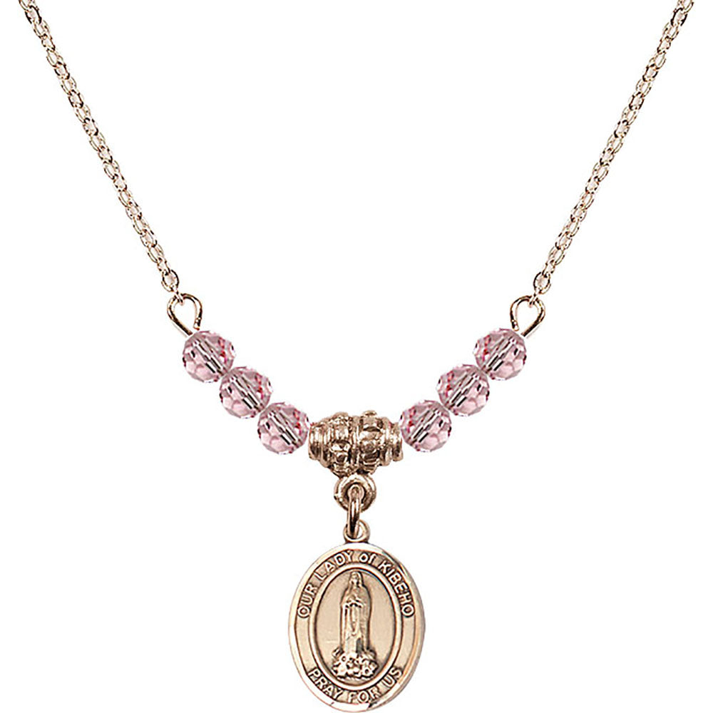 14kt Gold Filled Our Lady of Kibeho Birthstone Necklace with Light Rose Beads - 9414