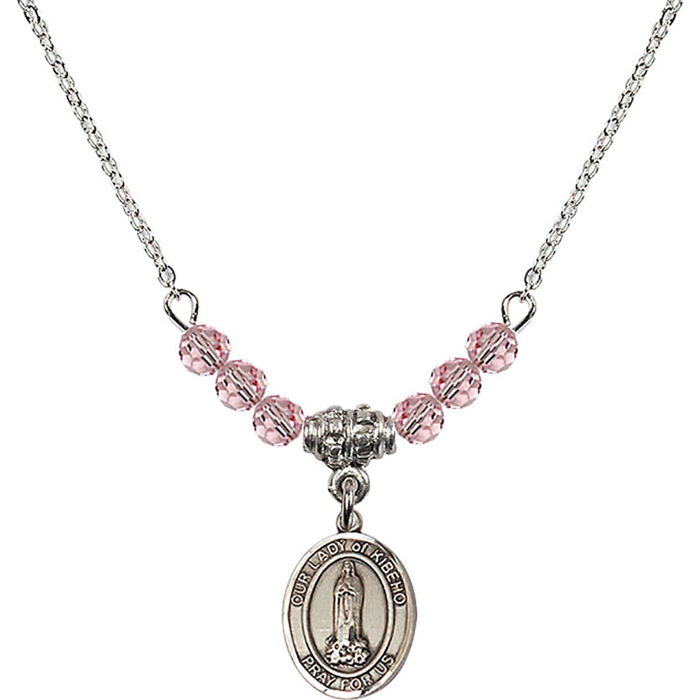 Sterling Silver Our Lady of Kibeho Birthstone Necklace with Light Rose Beads - 9414