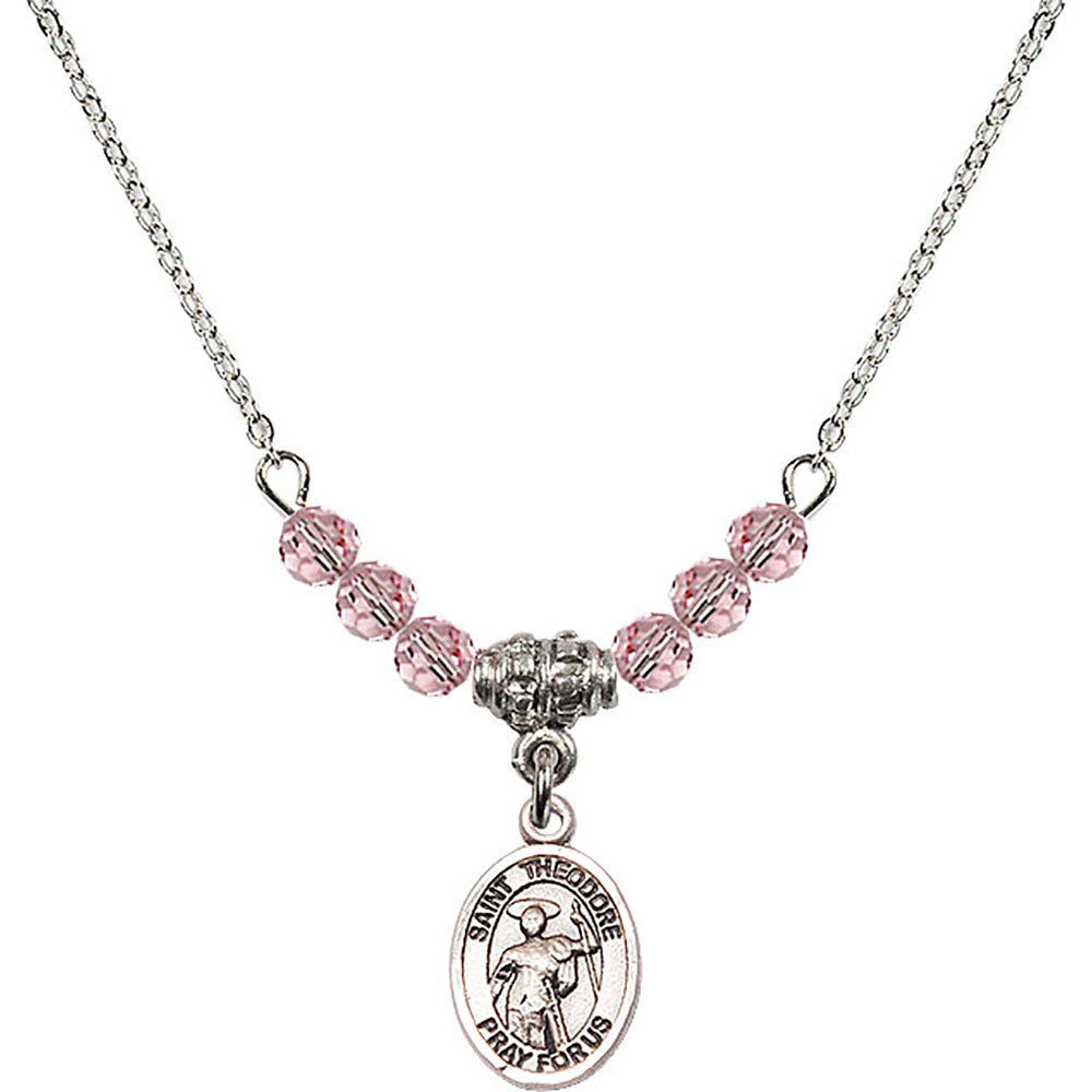 Sterling Silver Saint Theodore Stratelates Birthstone Necklace with Light Rose Beads - 9415