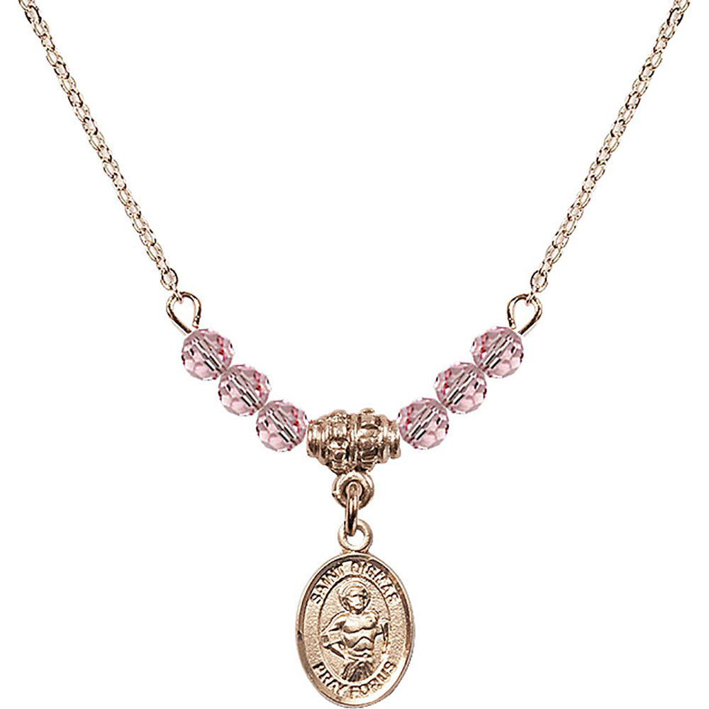14kt Gold Filled Saint Dismas Birthstone Necklace with Light Rose Beads - 9418