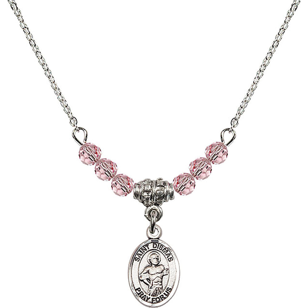 Sterling Silver Saint Dismas Birthstone Necklace with Light Rose Beads - 9418