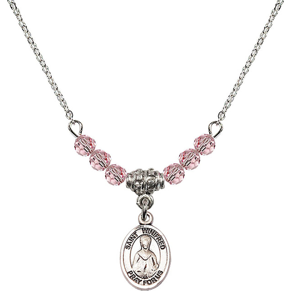 Sterling Silver Saint Winifred of Wales Birthstone Necklace with Light Rose Beads - 9419