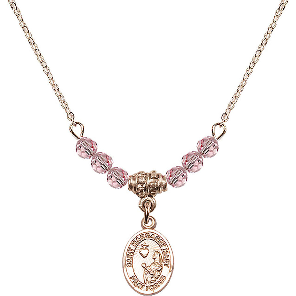 14kt Gold Filled Saint Margaret Mary Alacoque Birthstone Necklace with Light Rose Beads - 9420