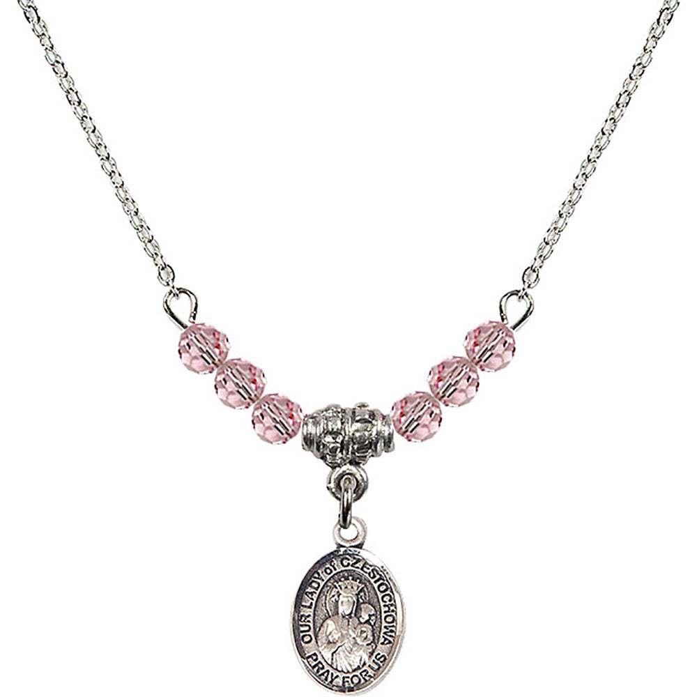 Sterling Silver Our Lady of Czestochowa Birthstone Necklace with Light Rose Beads - 9421