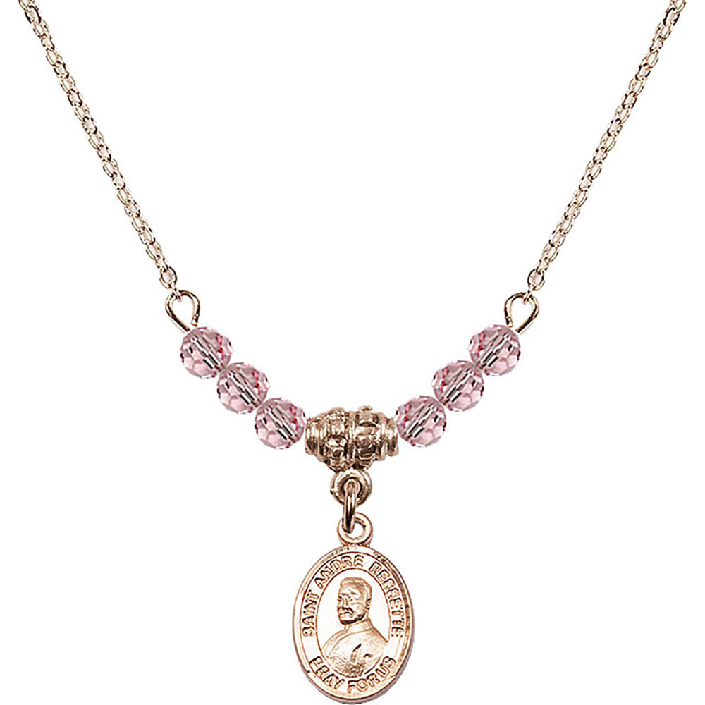 14kt Gold Filled Saint Andre Bessette Birthstone Necklace with Light Rose Beads - 9424