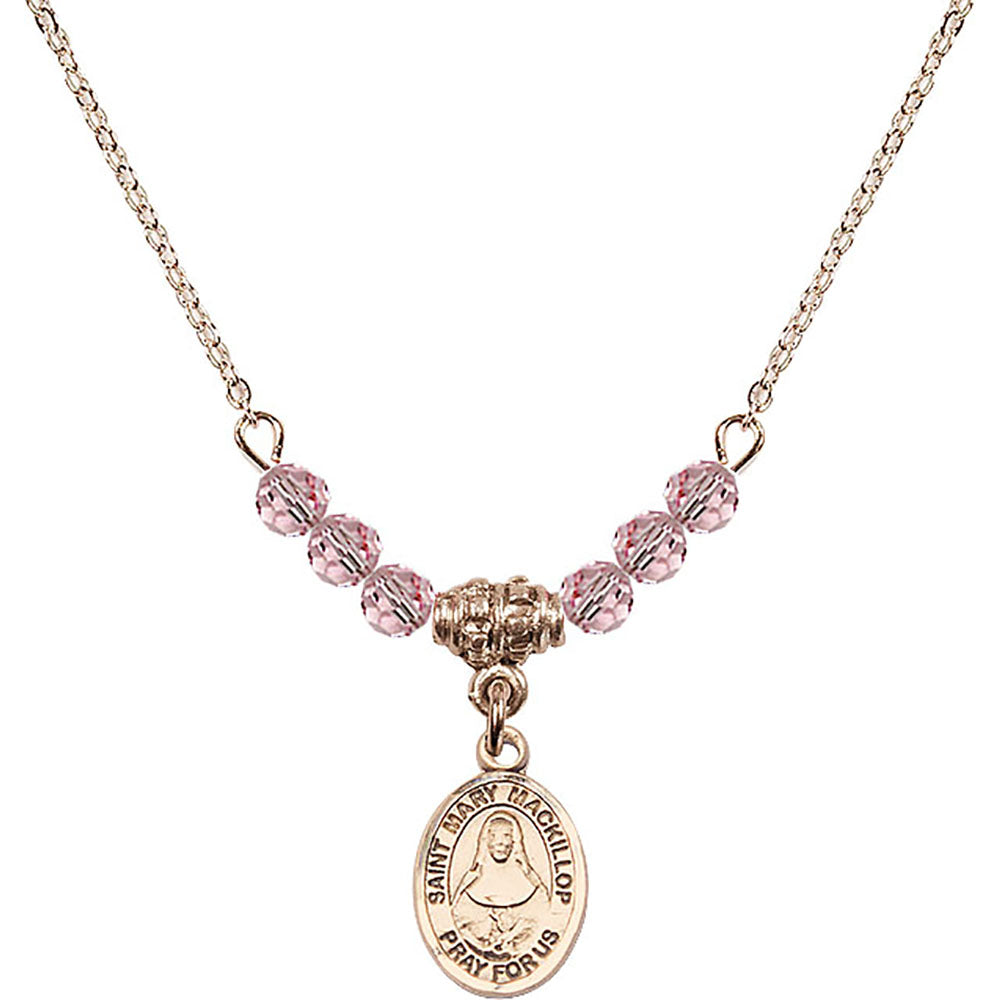 14kt Gold Filled Saint Mary Mackillop Birthstone Necklace with Light Rose Beads - 9425