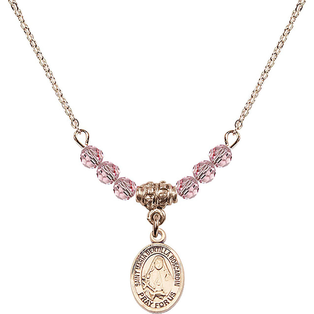 14kt Gold Filled Saint Maria Bertilla Boscardin Birthstone Necklace with Light Rose Beads - 9428