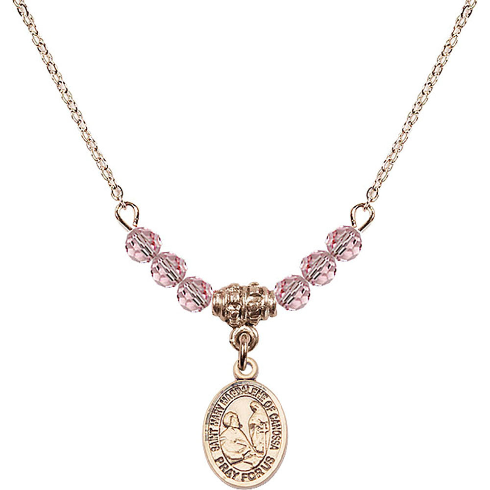 14kt Gold Filled Saint Mary Magdalene of Canossa Birthstone Necklace with Light Rose Beads - 9429