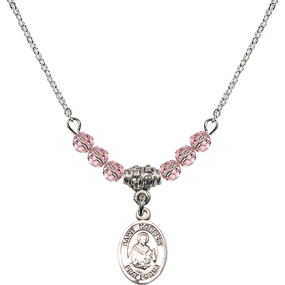 Sterling Silver Saint Norbert of Xanten Birthstone Necklace with Light Rose Beads - 9447