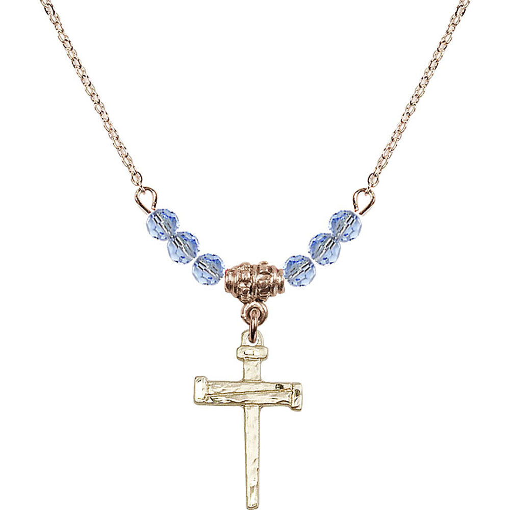 14kt Gold Filled Nail Cross Birthstone Necklace with Light Sapphire Beads - 0012