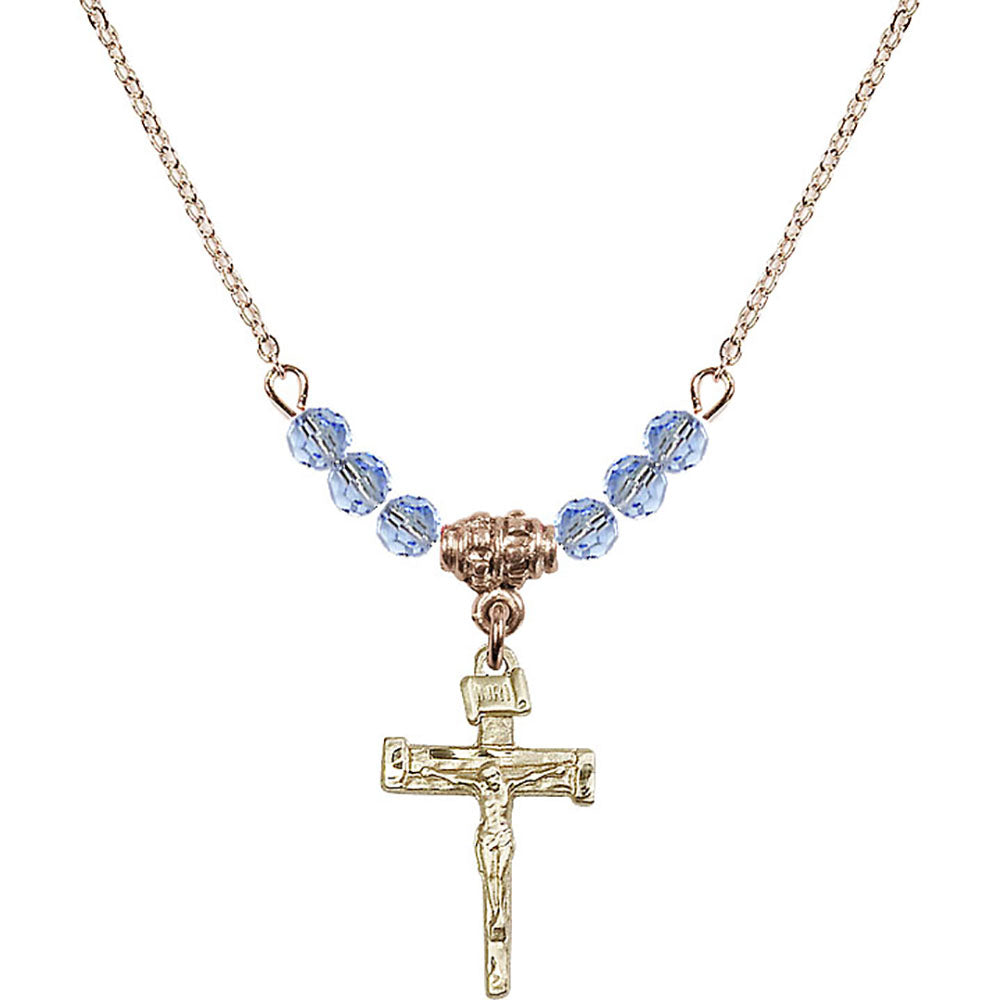 14kt Gold Filled Nail Crucifix Birthstone Necklace with Light Sapphire Beads - 0072