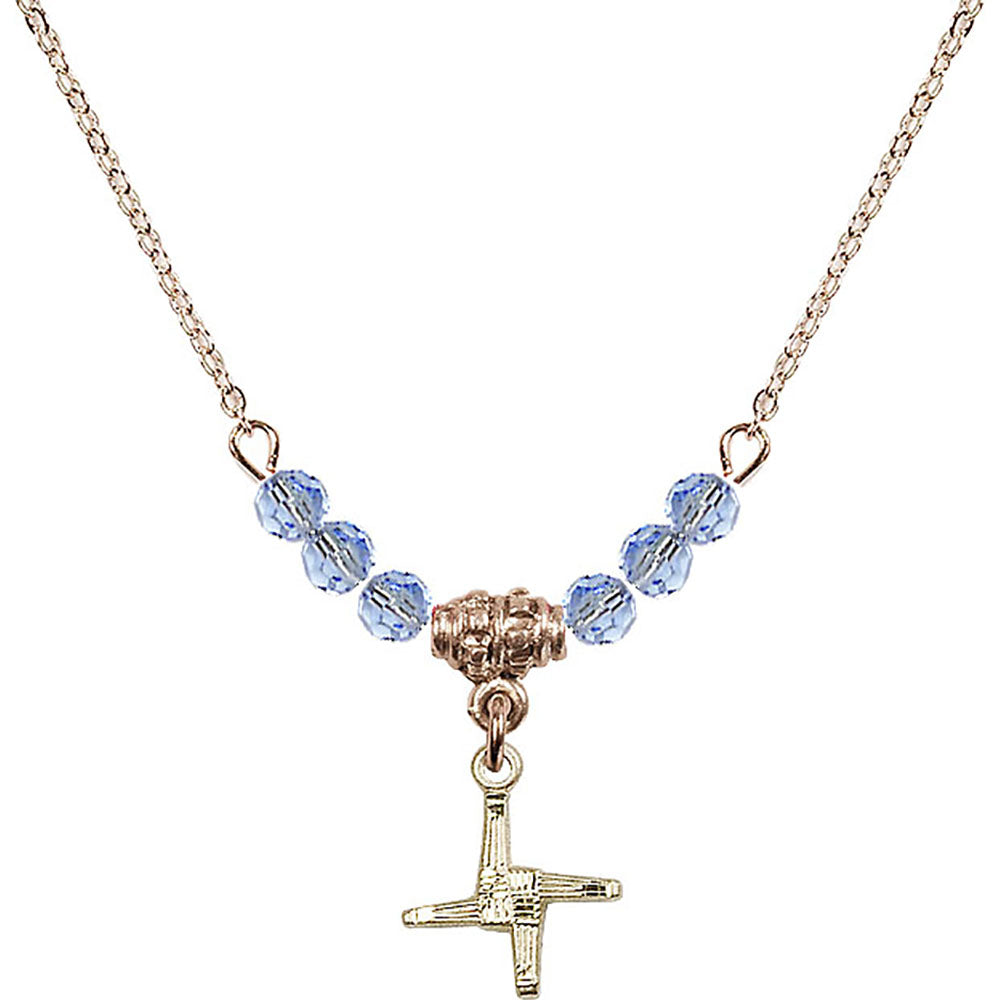 14kt Gold Filled Saint Brigid Cross Birthstone Necklace with Light Sapphire Beads - 0291