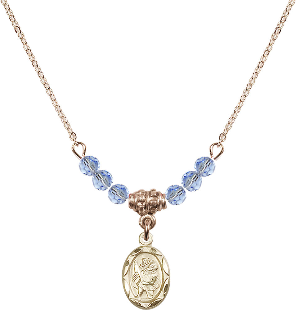 14kt Gold Filled Saint Christopher Birthstone Necklace with Light Sapphire Beads - 0301
