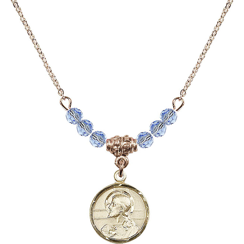 14kt Gold Filled Scapular Birthstone Necklace with Light Sapphire Beads - 0601